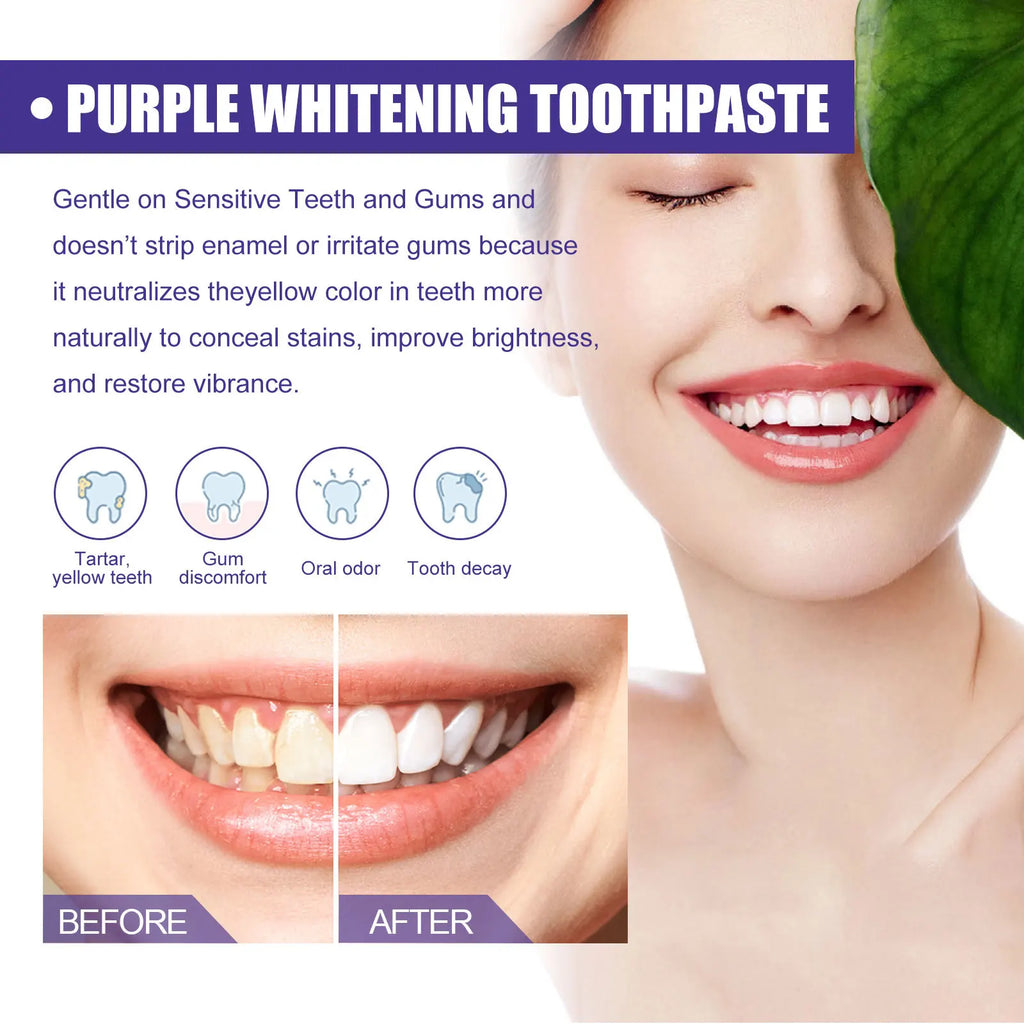 Purple whitening toothpaste, deep cleaning, stain removal, fresh breathing, daily household essential oral care, 30ml