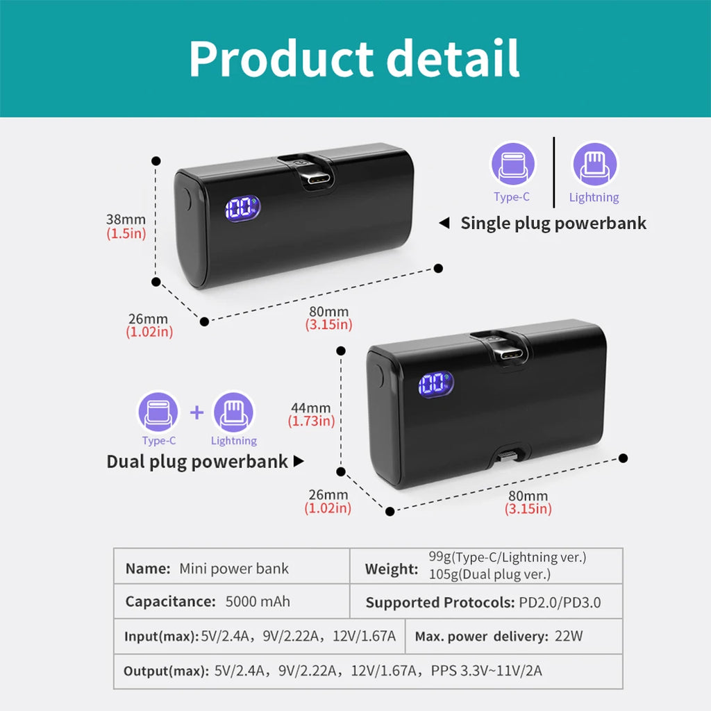 5000mAh Mini Power Bank Portable Fast Charging Type-C Lightning Dual Foldable Plug Charger for IPhone TECNO MI External Battery