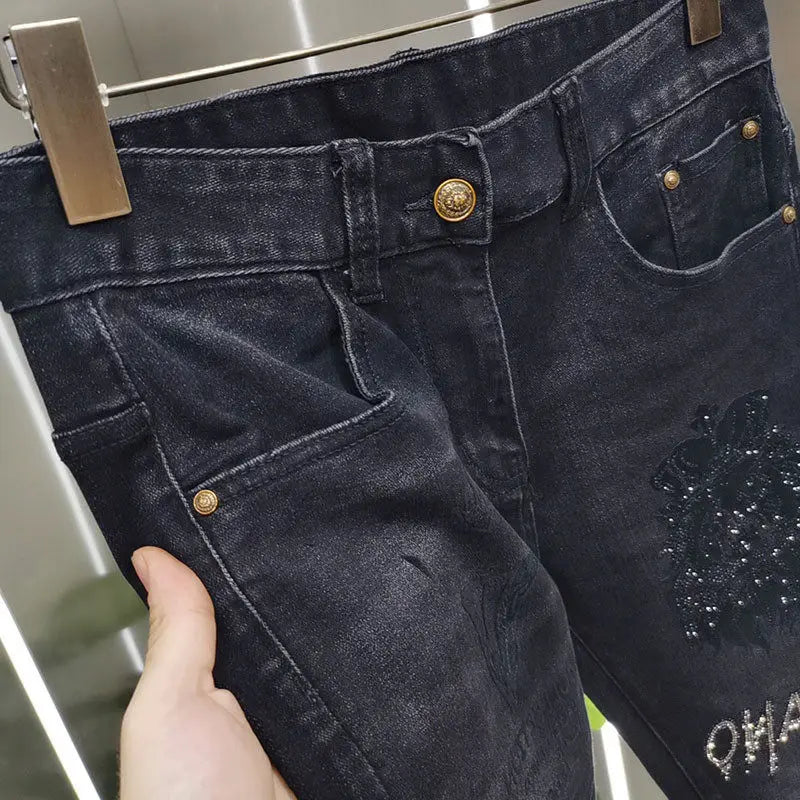 Hot-Stamped Rhinestone Men's Jeans, Trendy Brand, Stretchy Slim Fit, Embroidered and Printed Men's Trousers