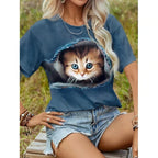Funny 3D Cartoon Cat Print Women's T-Shirts Casual O-neck Short Sleeve Top Fashion Female Clothing Summer Girl Blouse Loose Tees