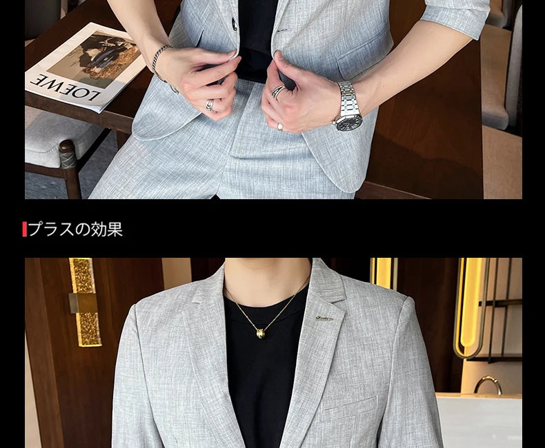 Men's Summer New Slim Fit 3/4 Sleeve Blazer Set Thin Seven-Point Sleeve Suit Outfit Casual Business Two-Piece Set