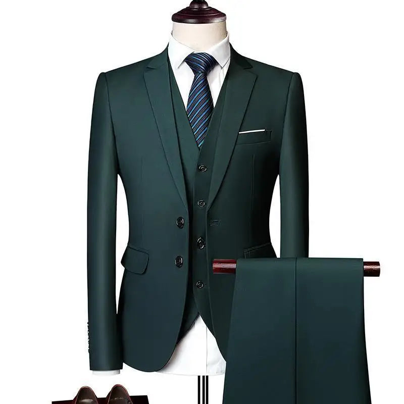 13 Color Basic Style Men's Casual Solid Color 3 Pieces Suits / Male Two Button Blazers Jacker Coat Trousers Pants Vest Waistcoat
