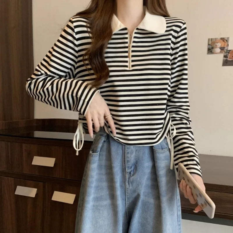 Women's Autumn Polo Shirt 2026 Striped Long Sleeve Drawstring Teddy Bear Collar Slimming T-Shirt