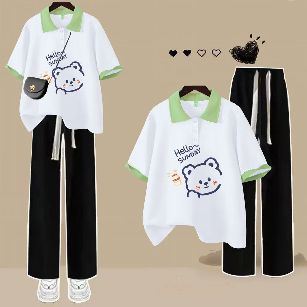 Fashion Polo Neck Short Sleeved T-shirt Cute Teddy Bear Loose Top Women Casual Tee