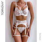Tornova 4 Piece Sexy Lingerie Set for Women Mesh and Lace Sexy Perspective Push-up Solid Color Lace Hollow Out Underwear Set New