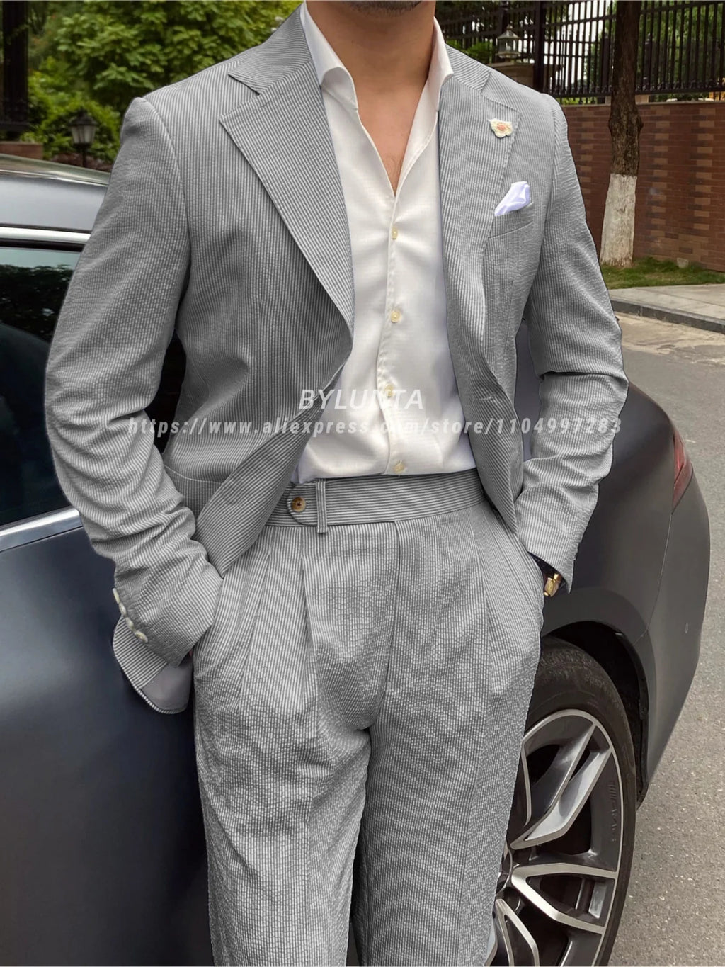 BYLUNTA Mens Suit 2 Piece Slim Fit Stripe Suits Tuxedo Blazer Jackets Pants Set Summer Beach Wedding Outfit for Mennt)