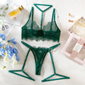 4 Piece Green Eyelash Lace Lingerie Set, Underwire Halter See Through Sexy Lingerie with Detachable Leg Straps
