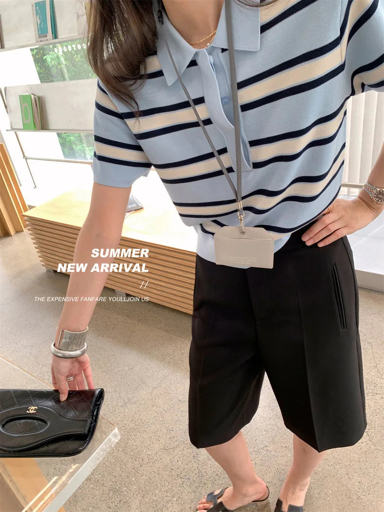 Striped POLO Neck Ice Silk Short Sleeved Women's Summer Thin Fashion Loose Lapel Knit Top