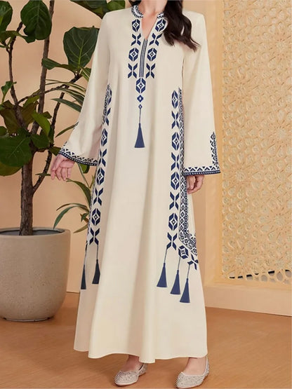 Fashion Muslim Women's Printed V-neck Robe 2025 Autumn V-neck Long Sleeve Arab Ethnic Style Printed Maxi Dress For Women Elegant