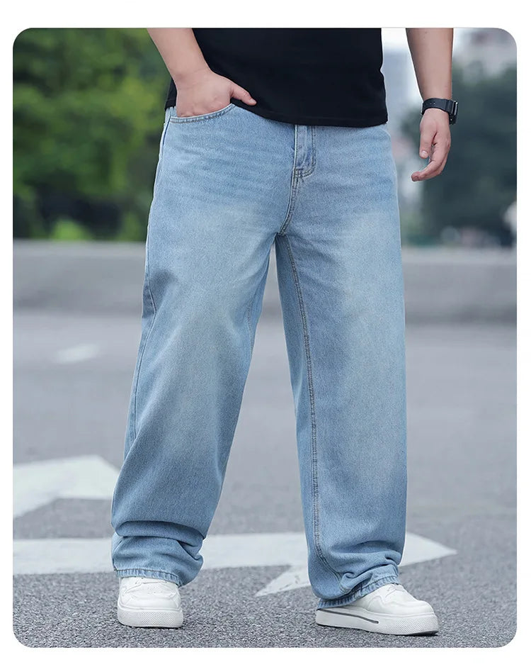 FENROOST Plus Size Men's High Waist Straight Leg Jeans Four Seasons Loose Baggy Denim Trousers Casual Versatile Long Pants New