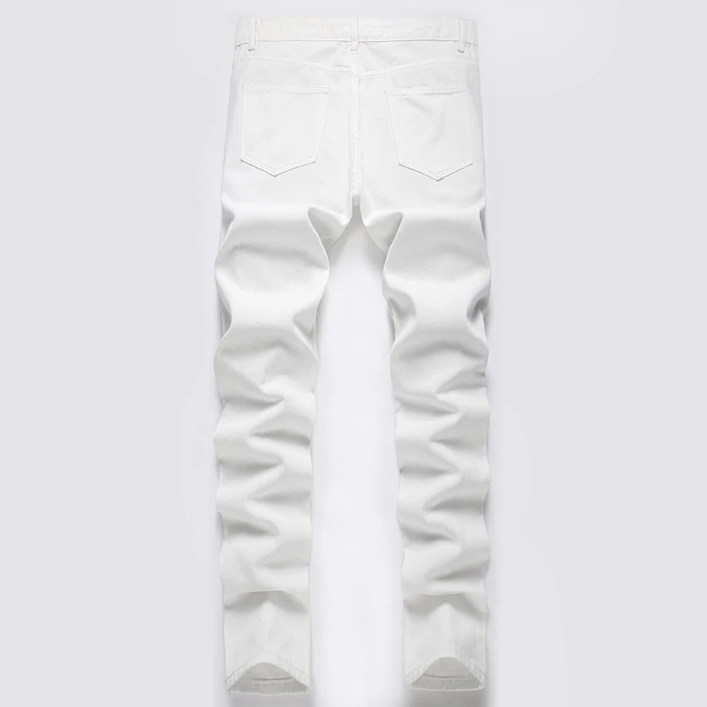 Men's Pleated Patch Denim Biker Jeans Streetwear Pink White Cotton Pants Ripped Patchwork Slim Straight Trousers