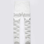 Men's Pleated Patch Denim Biker Jeans Streetwear Pink White Cotton Pants Ripped Patchwork Slim Straight Trousers