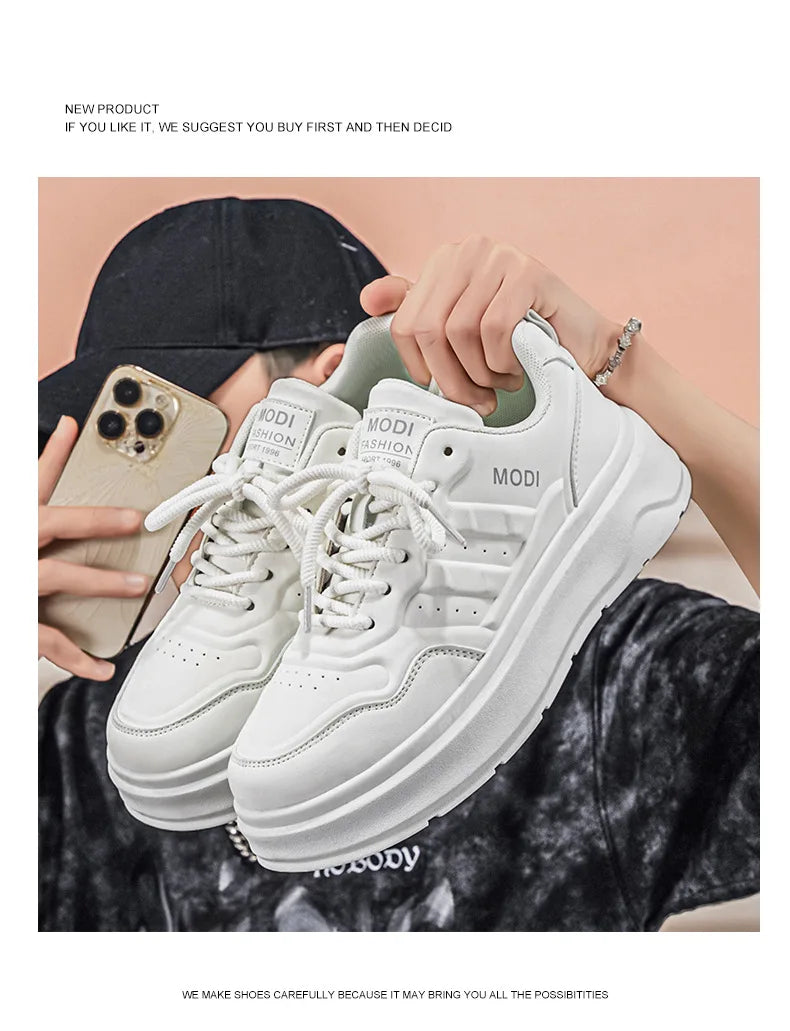 2026 Summer Men's White Platform Sneakers Leather Casual Shoes Thick Sole Streetwear Trendy Footwear