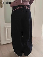 Women's Sweet Casual Full Length Baggy Denim Trouser Retro Emo Harajuku Loose Jeans Letter Embroidery High Waist Y2K 2000s Pants