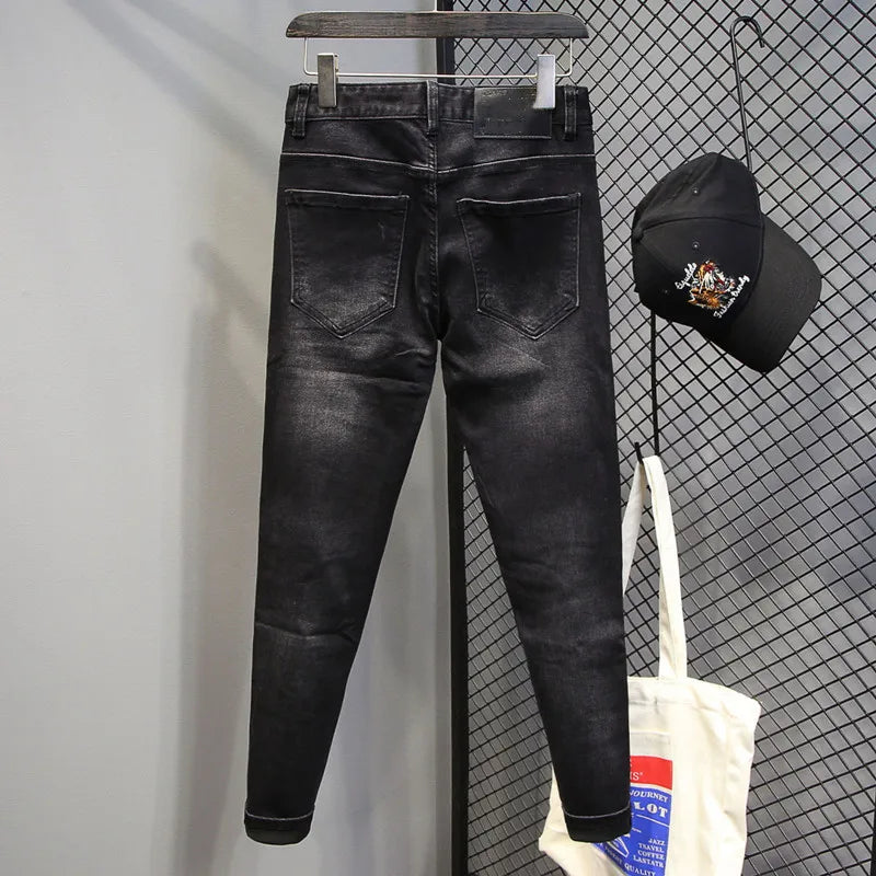 Hot-Stamped Rhinestone Men's Jeans, Trendy Brand, Stretchy Slim Fit, Embroidered and Printed Men's Trousers