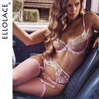 Ellolace Honey Women's Lingerie Sets Romantic Coquette Embroidered Bra 3PC Stockings Premium Gold Thread Jewel Decor Underwear
