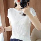 Spring Summer T-shirt Women Short Sleeves Slim Striped Innerwear Slash Neck Fashion Korean Loose Knitted T-shirt Sweater 2026