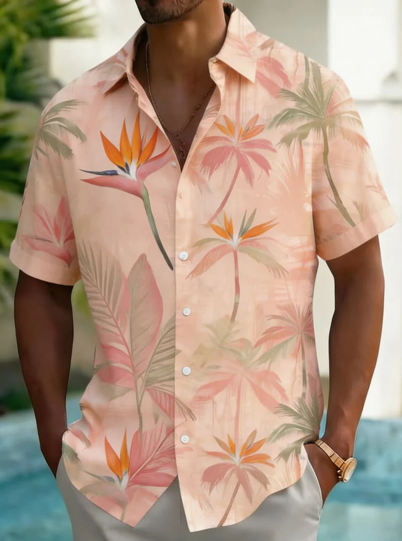 Men's  Tropical Plant Watercolor Print Shirt, Luxury Casual Design for Summer Vacation, Beachwear & Daily Style