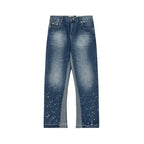 American retro washed letter spliced denim trousers high street trendy brand couple loose straight micro-flared long trousers