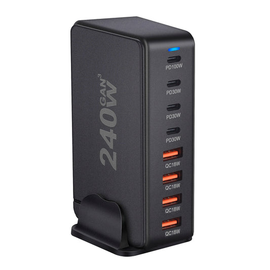 240W GaN desktop charger with 8 USB-C ports, supports PD 3.0 fast charging and is compact & portable