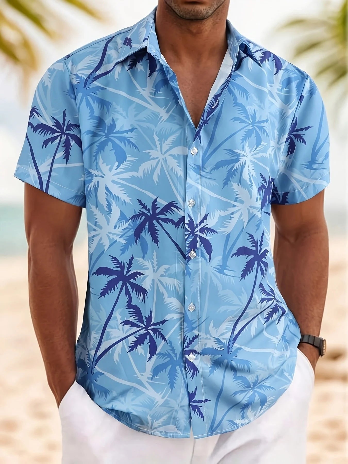 New Men Palm Tree Print Hawaiian Shirt Tropical Beach Aloha Shirt Casual Short Sleeve Button Down Summer Vacation Shirts