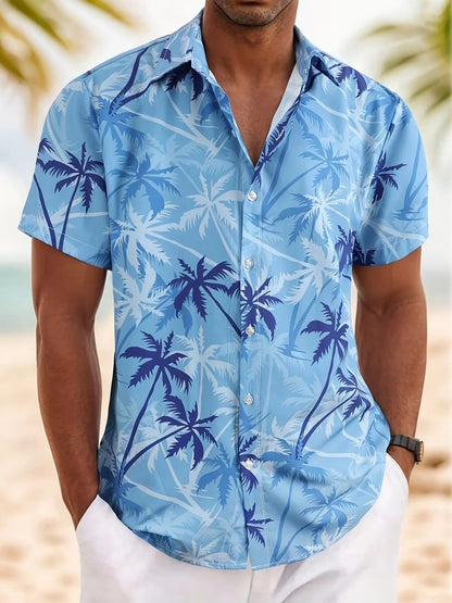 New Men Palm Tree Print Hawaiian Shirt Tropical Beach Aloha Shirt Casual Short Sleeve Button Down Summer Vacation Shirts