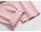 Men's Pleated Patch Denim Biker Jeans Streetwear Pink White Cotton Pants Ripped Patchwork Slim Straight Trousers