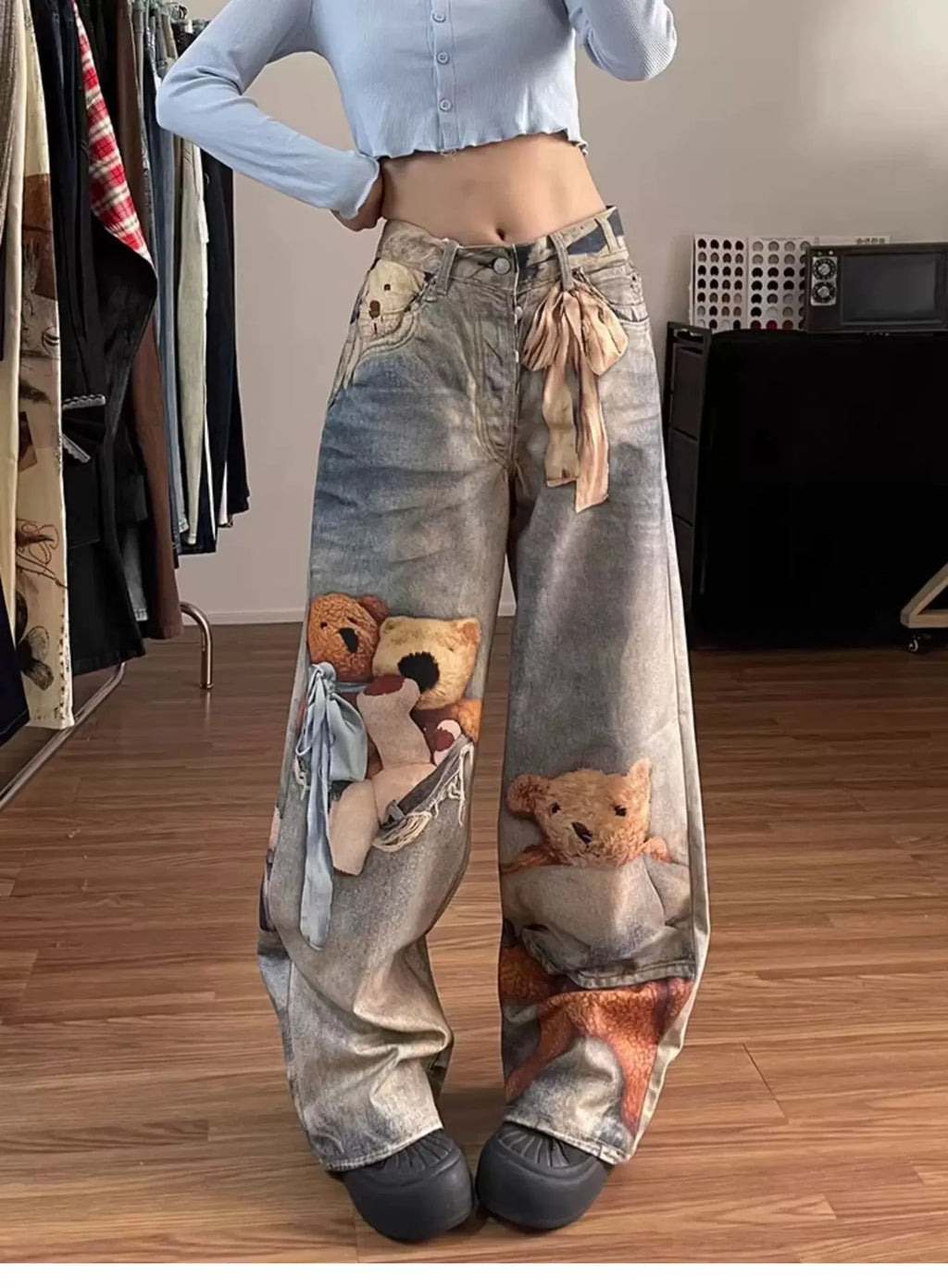 2026 New Spring Women's Colorful Digital Print Bear Jeans High Waist Loose Slim Fit Straight Wide Leg Casual Denim Pants