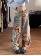 2026 New Spring Women's Colorful Digital Print Bear Jeans High Waist Loose Slim Fit Straight Wide Leg Casual Denim Pants