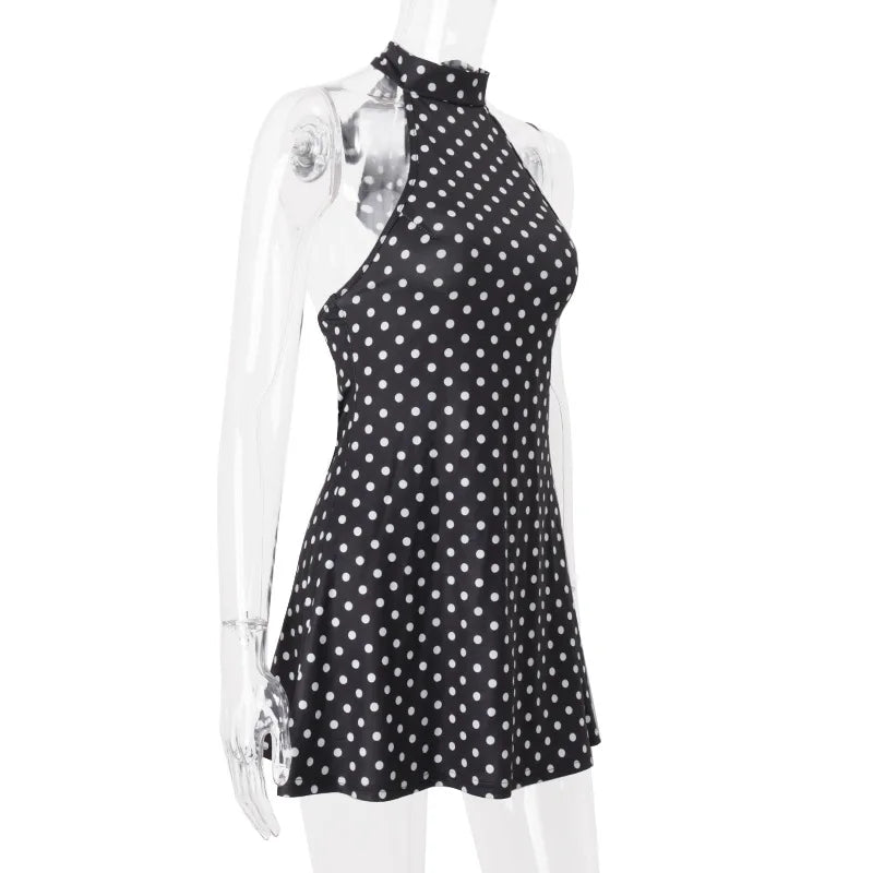 Polka Dot Elegant Off Shoulder Sleeveless Backless High Waist Halter Mini Dress Y2K Summer Fashion Club Party Vestidos