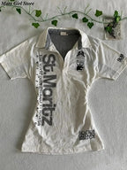 Y2K Japanese Streetwear Polo Shirt Women Slim Crop Tee 2025 White Short Sleeve Tops Letter Badge Houndstooth Vintage Harajuku