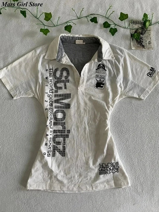 Y2K Japanese Streetwear Polo Shirt Women Slim Crop Tee 2025 White Short Sleeve Tops Letter Badge Houndstooth Vintage Harajuku