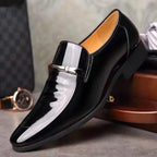 Mens Formal Wine Red Patent Leather Loafers Pointed Toe Slip On Shoes Hollow Out Non SlipBreathable Design Metal Buckle Decor