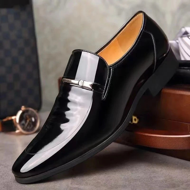 Mens Formal Wine Red Patent Leather Loafers Pointed Toe Slip On Shoes Hollow Out Non SlipBreathable Design Metal Buckle Decor