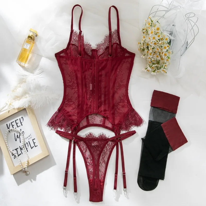 Willowy Women's Lingerie Sets Sexy Corset Lace Bra and Panty 2PCS with Stockings Sheer Outfits Sissy Girl's Intimate Underwear