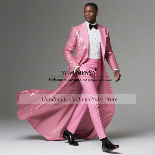 Sparkling Sequins Men Suits Wedding Groom Tuxedos 2 Pieces Set Customized Outfits Business Male Suit Blazer Long Ternos Completo
