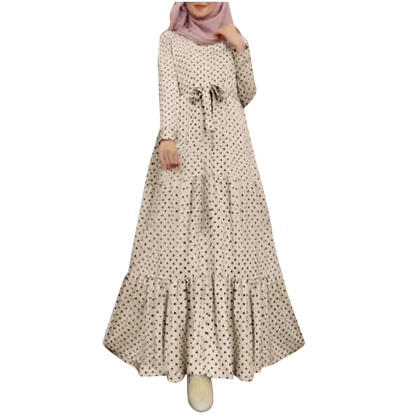 Polka Dot Muslim Dress Ruffle Belted Waist Women'S Dresses Long Sleeve Button Down Abaya Casual Vestidos Kaftan Dubai Long Robe