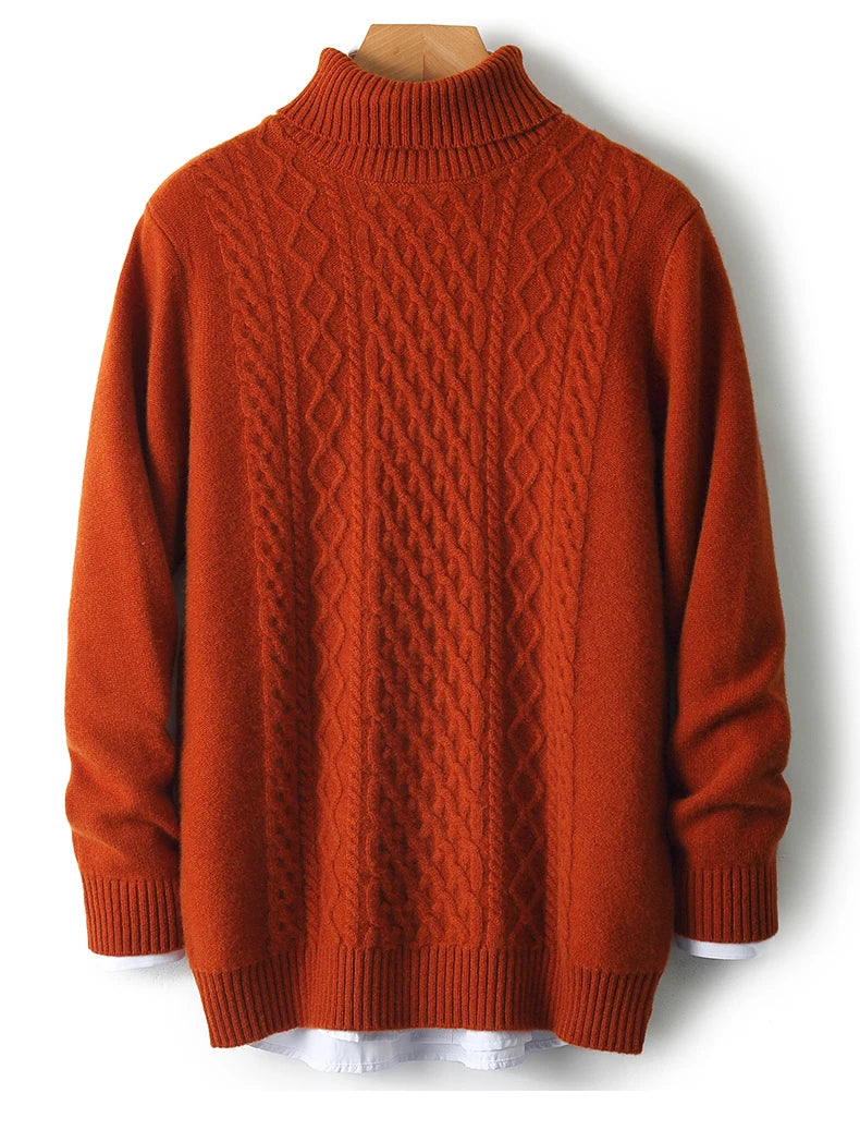 Fall/Winter 100% Wool Men's Turtleneck Thicken Sweater Jacquard Solid Cashmere Knitted Bottom Shirt