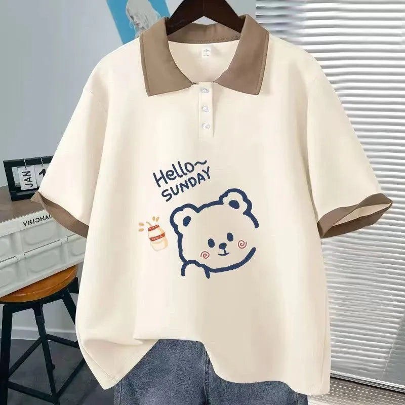 Fashion Polo Neck Short Sleeved T-shirt Cute Teddy Bear Loose Top Women Casual Tee