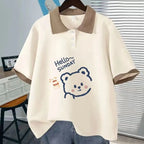 Fashion Polo Neck Short Sleeved T-shirt Cute Teddy Bear Loose Top Women Casual Tee