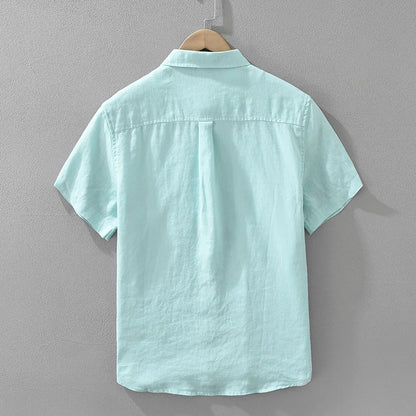 100% Linen Short Sleeve Shirt for Men Breathable Summer Casual Top Minimalist Loose Fit Button-Up Shirt  Natural Wrinkle Texture