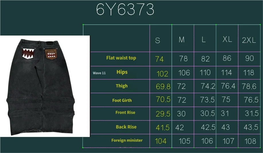 Washed Black Baggy Men Monster Tooth Embroidery Jeans Pocket Wide Leg Denim Pants Y2k Streetwear Hip Hop Loose Trousers Unisex