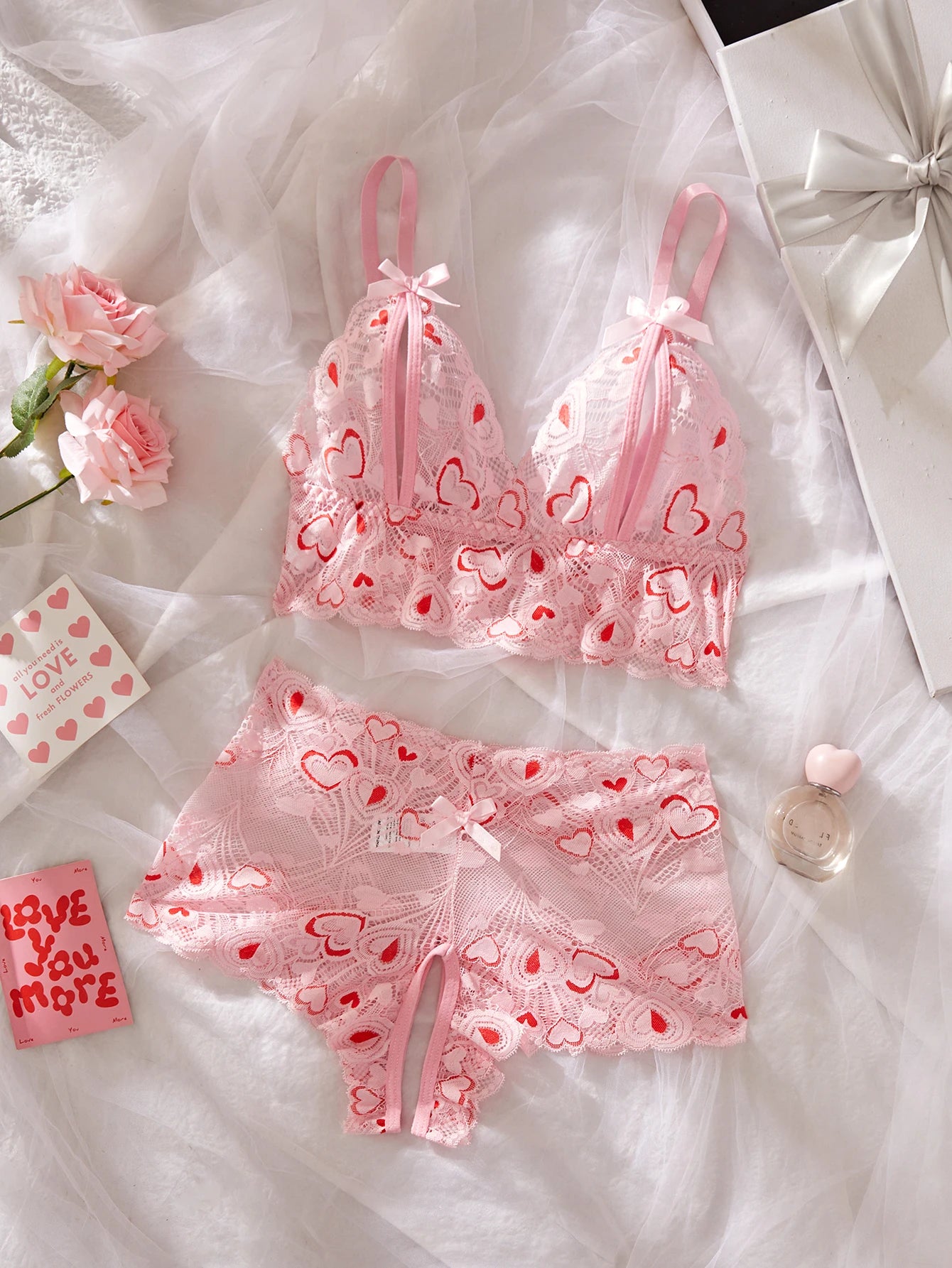 Ladies Love Contrast Pink Lace Lingerie Set Women Sheer Bra & Brief Sets Sexy Crotchless Panties Intimates Underwear For Women