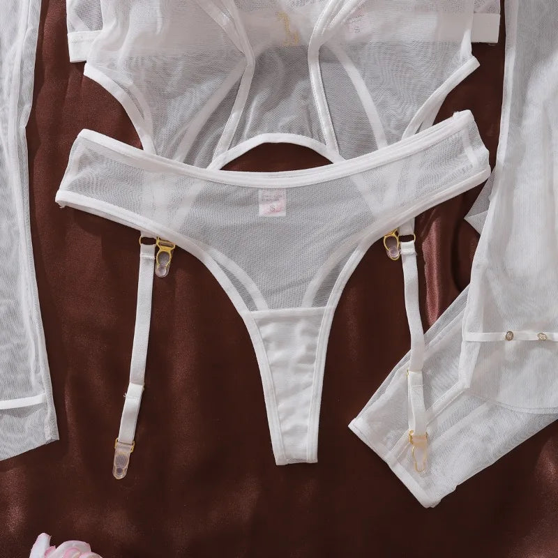 Lingeries Sexy Hot Tempted Intimate Bra Thong 2PC Set with Garter Belts Stockings Gloves Fantasy Sheer Daring Lingerie for Women