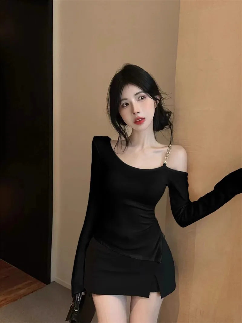 Pure And Elegant Irregular-necked Off-the-shoulder Tight T-shirt For Women