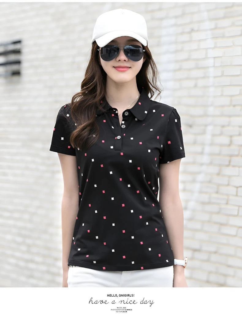 Women's Summer Cotton Shirt - Slim Fit Foldable Flip Collar Short Sleeve Printed Casual Top Trendy Button Design Fashion