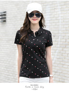 Women's Summer Cotton Shirt - Slim Fit Foldable Flip Collar Short Sleeve Printed Casual Top Trendy Button Design Fashion