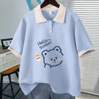Fashion Polo Neck Short Sleeved T-shirt Cute Teddy Bear Loose Top Women Casual Tee