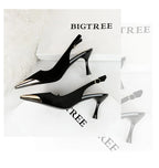 Elegant Women Green High Heel Velvet Pumps Wedding Party Slingback Sandals Metal Pointed Toe Hollow Buckle Wine Red Shoes