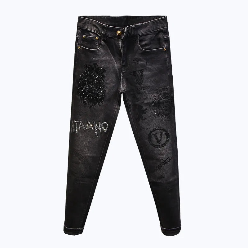 Hot-Stamped Rhinestone Men's Jeans, Trendy Brand, Stretchy Slim Fit, Embroidered and Printed Men's Trousers